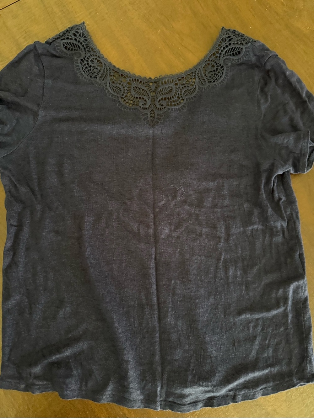 Sezane Dark Blue  Short Sleeve Tee with Crochet Neckline